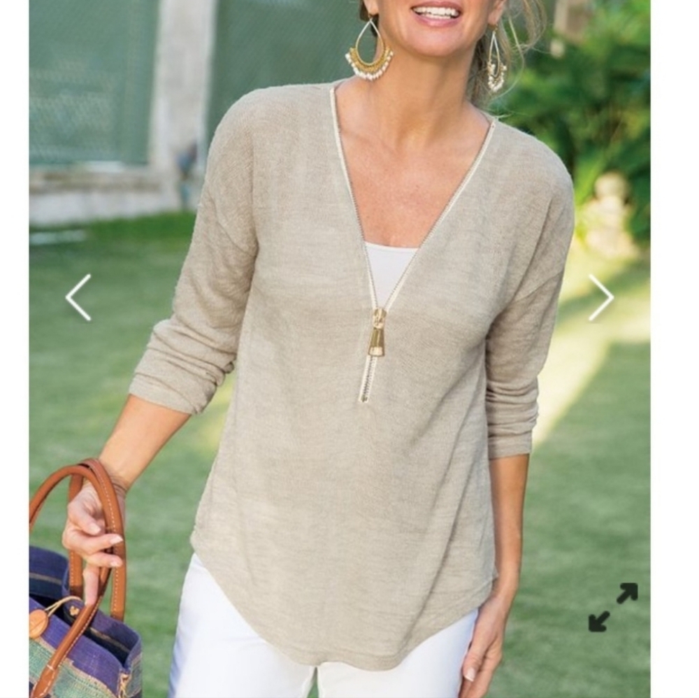 Soft Surroundings Front Zip V-neck Sweater Tan Beige Leightweight Size L